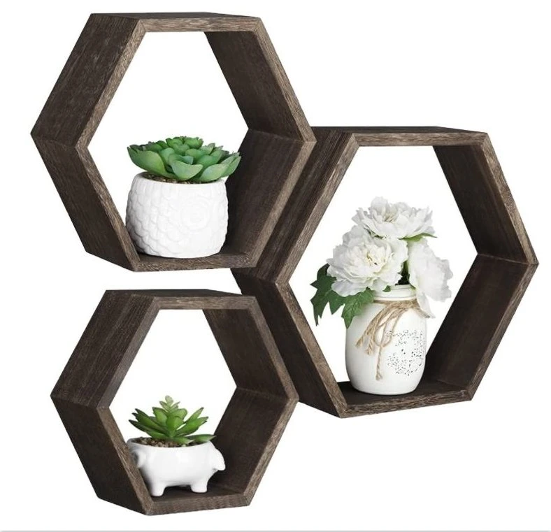 Excellent Quality 3 PCS Set MDF Painting Floating Hexagon Wood Home Wall Shelf Hexagon Disarmable Shelf