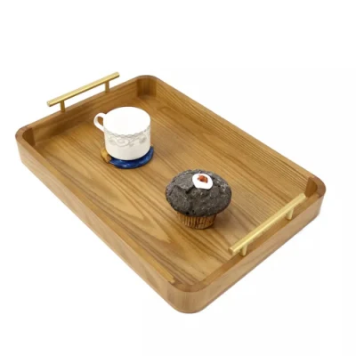 Plateau de service en bois de frêne personnalisé avec poignées en métal pour le gâteau au café du petit-déjeuner